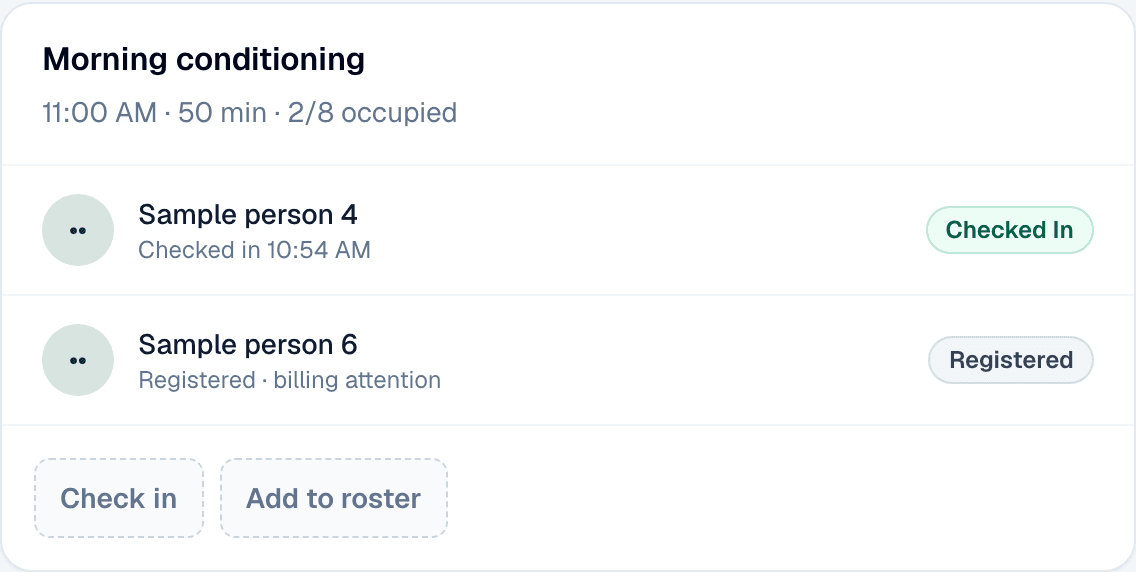 GymRunner class roster showing booked places, attendance and check-in options. Sample identities hidden.