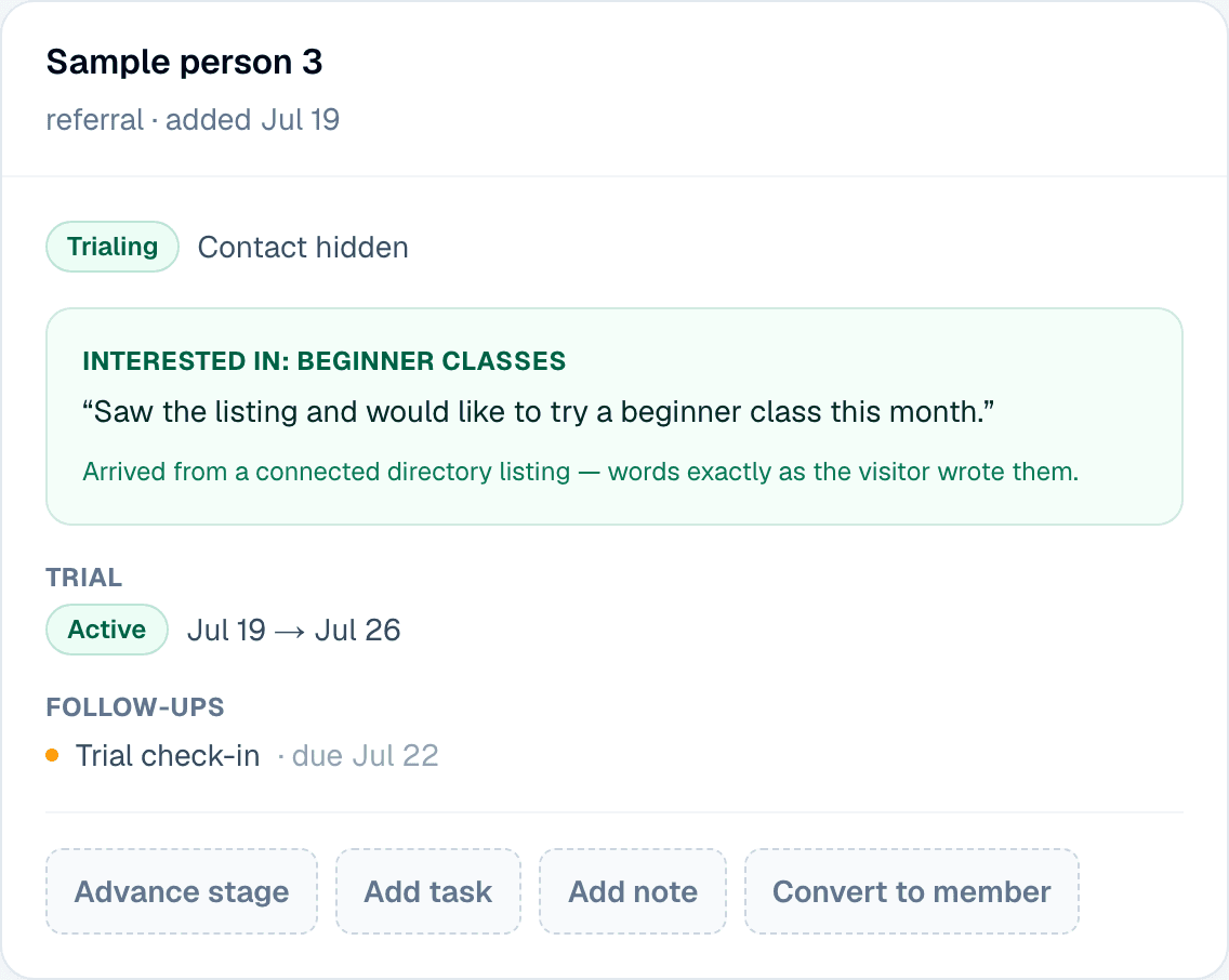 GymRunner trial record showing the enquiry, trial dates and follow-up task. Sample identity hidden.